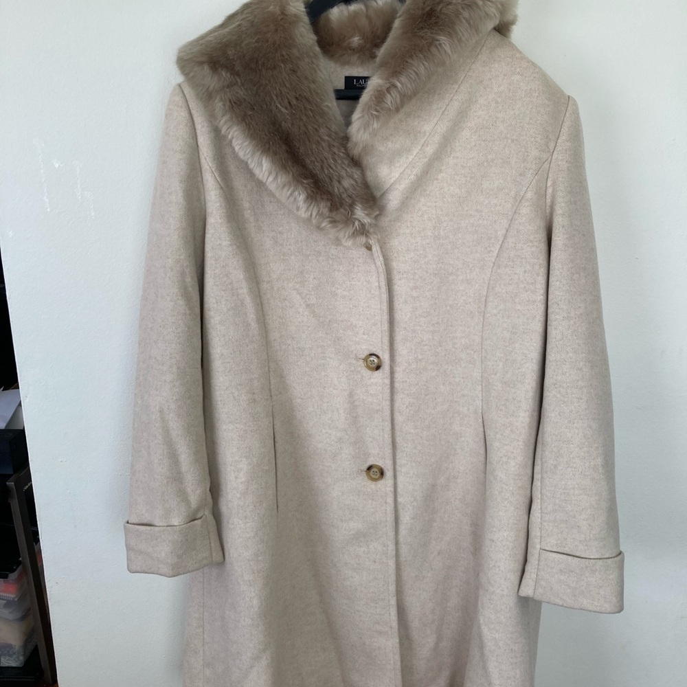 Ralph Lauren Tan Trench Coat with Faux Fur Collar